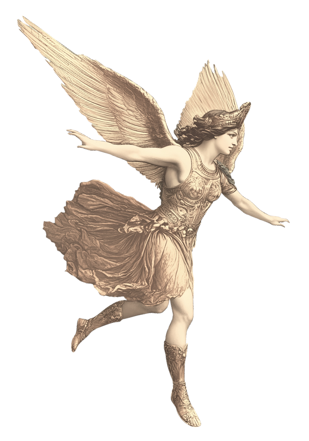 A grayscale depiction of a fairy with large wings, dressed in a historical or fantasy costume, in a mid-flight pose against a black background.