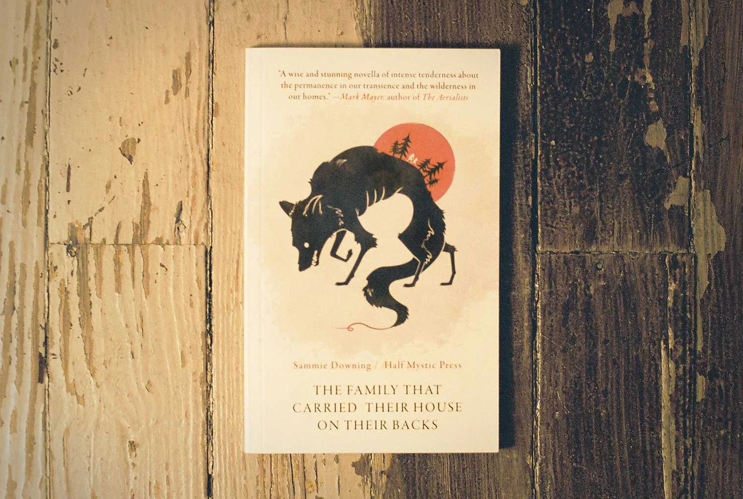 Book cover titled 'The Family That Carried Their House on Their Backs' by Summie Downing, with a silhouette of a wolf and a red sun in the background, against a wooden surface.