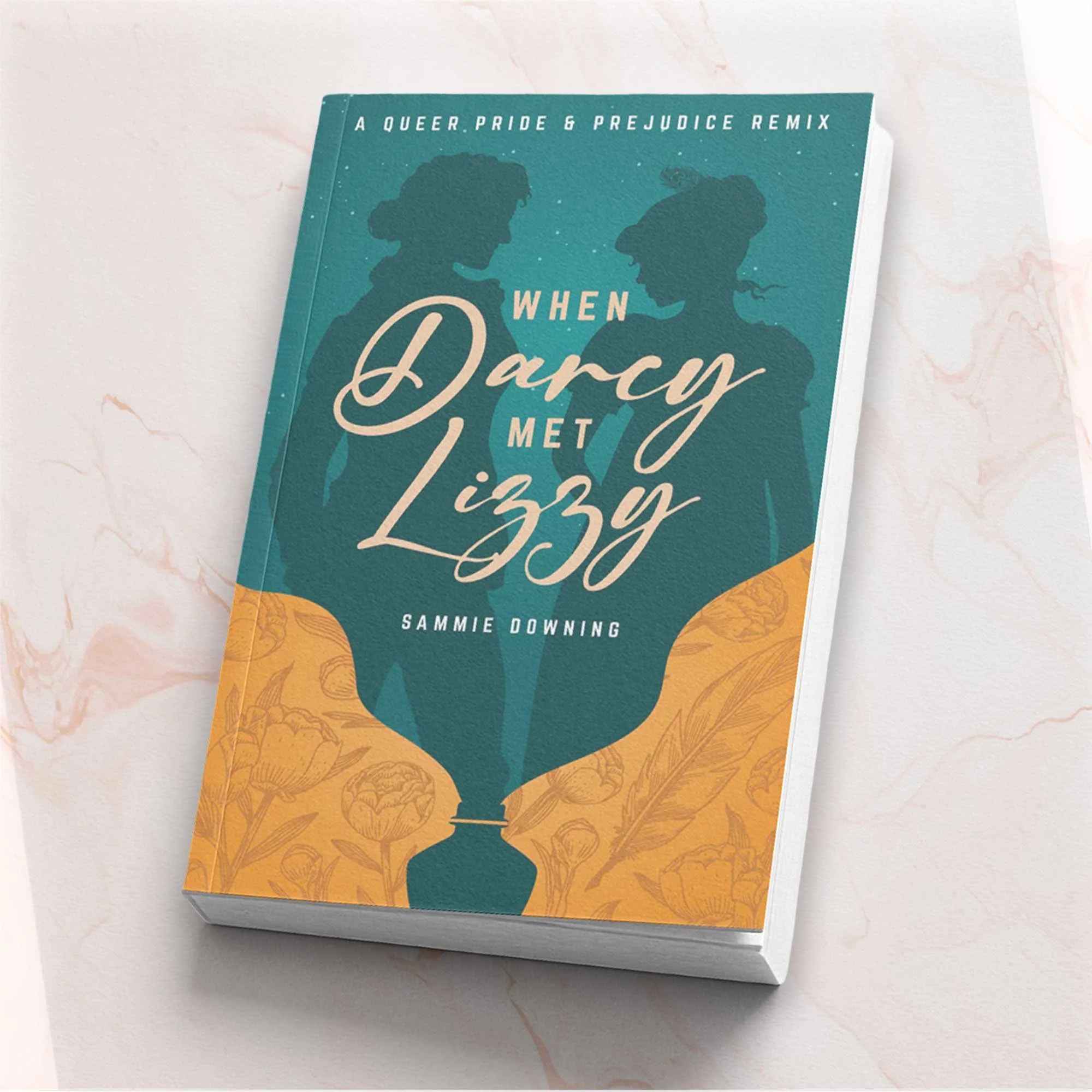 Book cover titled 'When Darcy Met Lizzy' by Sammie Downing, featuring silhouettes of two women facing each other with a floral and vase design at the bottom.