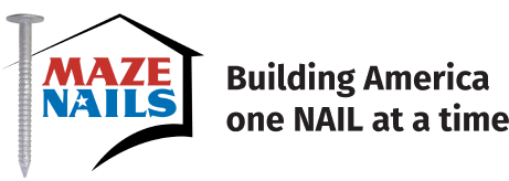 Logo for Maze Nails with a nail image on the left and the text 'MAZE NAILS Building America one NAIL at a time' on the right.