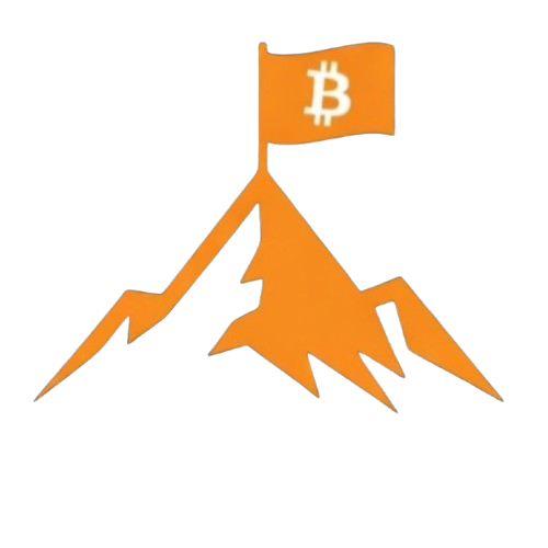 Illustration of a mountain with an orange Bitcoin flag at the peak, suggesting Bitcoin's rise in value.