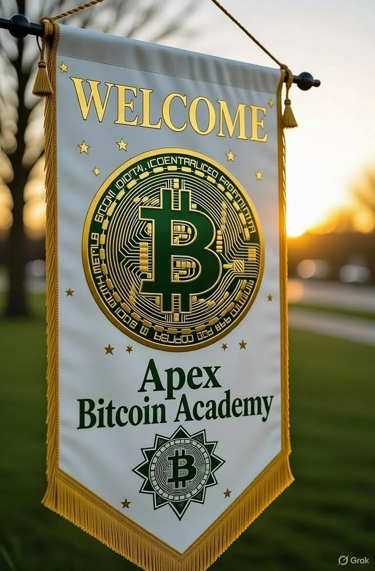 Flag with the text 'Welcome' and the logo of Apex Bitcoin Academy, featuring a large green Bitcoin symbol, set outdoors during sunset.
