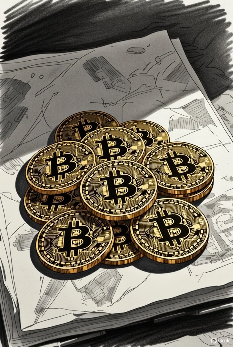 Digital illustration of several Bitcoin coins placed on top of a crumpled newspaper or paper with sketches and drawings.