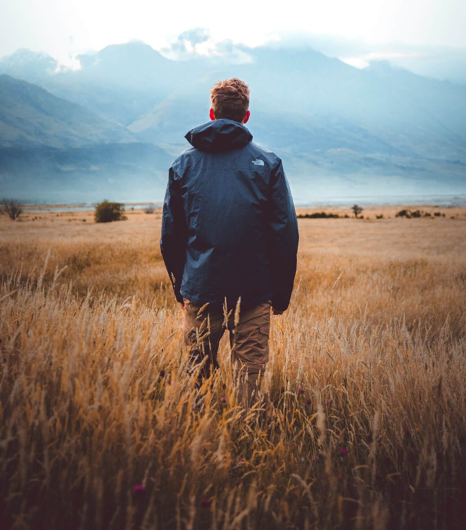 A man standing alone with his back to the camera in a vast golden field, wearing a dark hooded jacket, facing misty mountains and a cloudy sky in the distance.