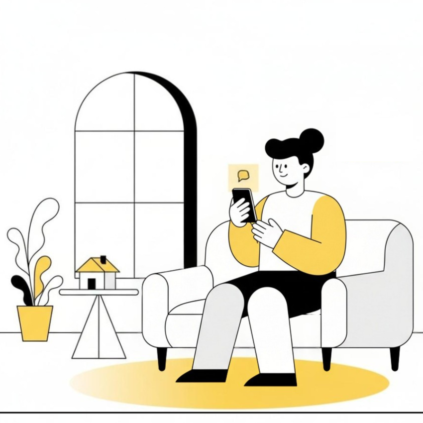 Une femme assise sur un canapé, utilisant son téléphone, dans un intérieur moderne avec une plante en pot, une petite maison en bois sur une table, et une grande fenêtre.