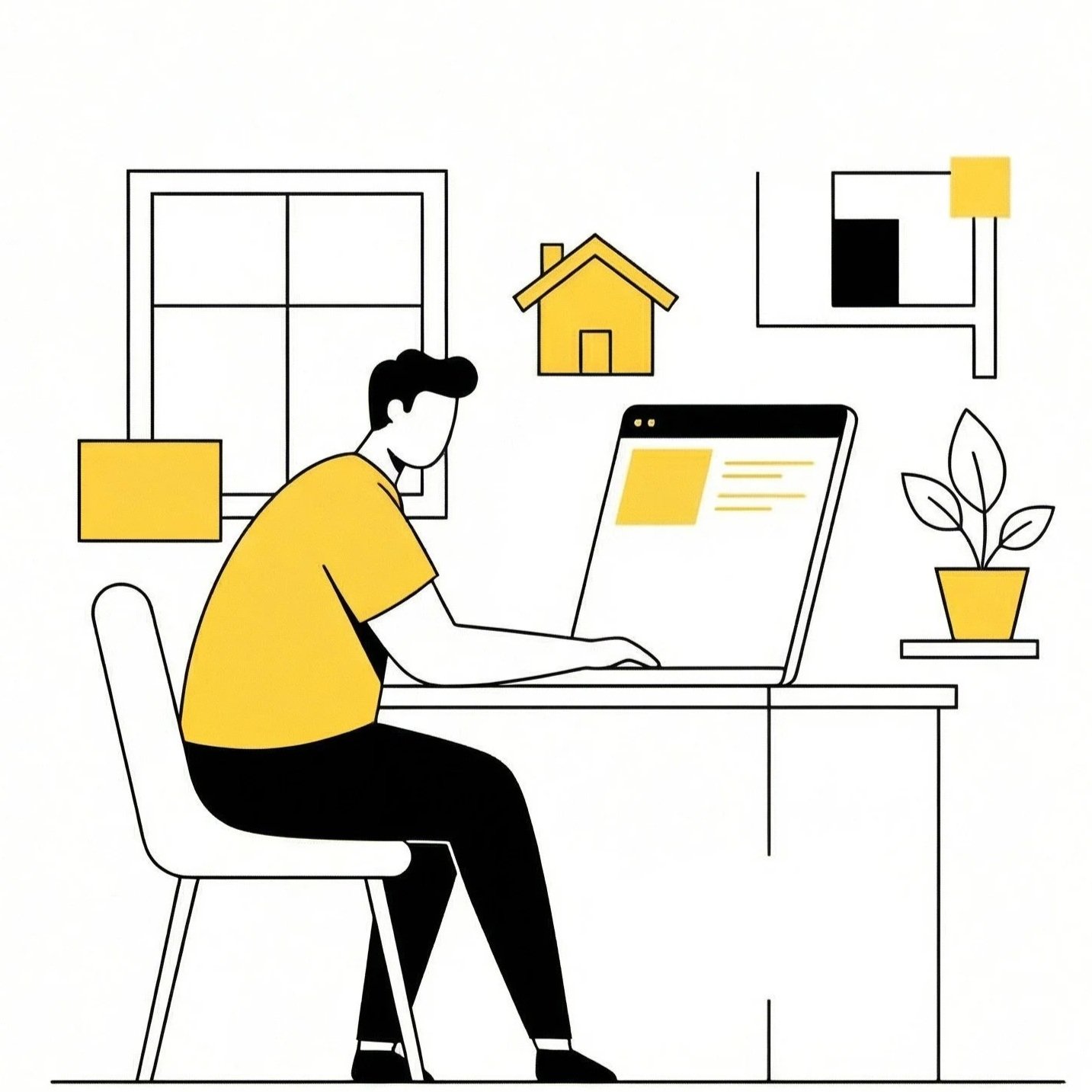 Illustration d'une personne assise à un bureau, utilisant un ordinateur portable dans une pièce décorée avec des éléments noirs et jaunes, comprenant une fenêtre, un arbre en pot, une maison, et des cadres muraux.