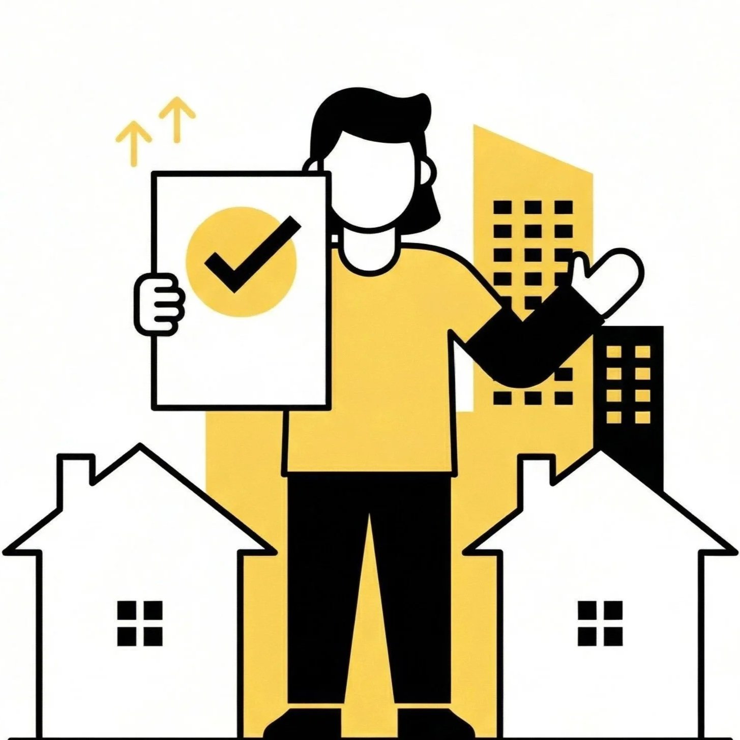 Illustration représentant un homme avec un symbole de vérification et un doigt levé, symbolisant la réussite ou la validation, avec des maisons et des bâtiments en arrière-plan.