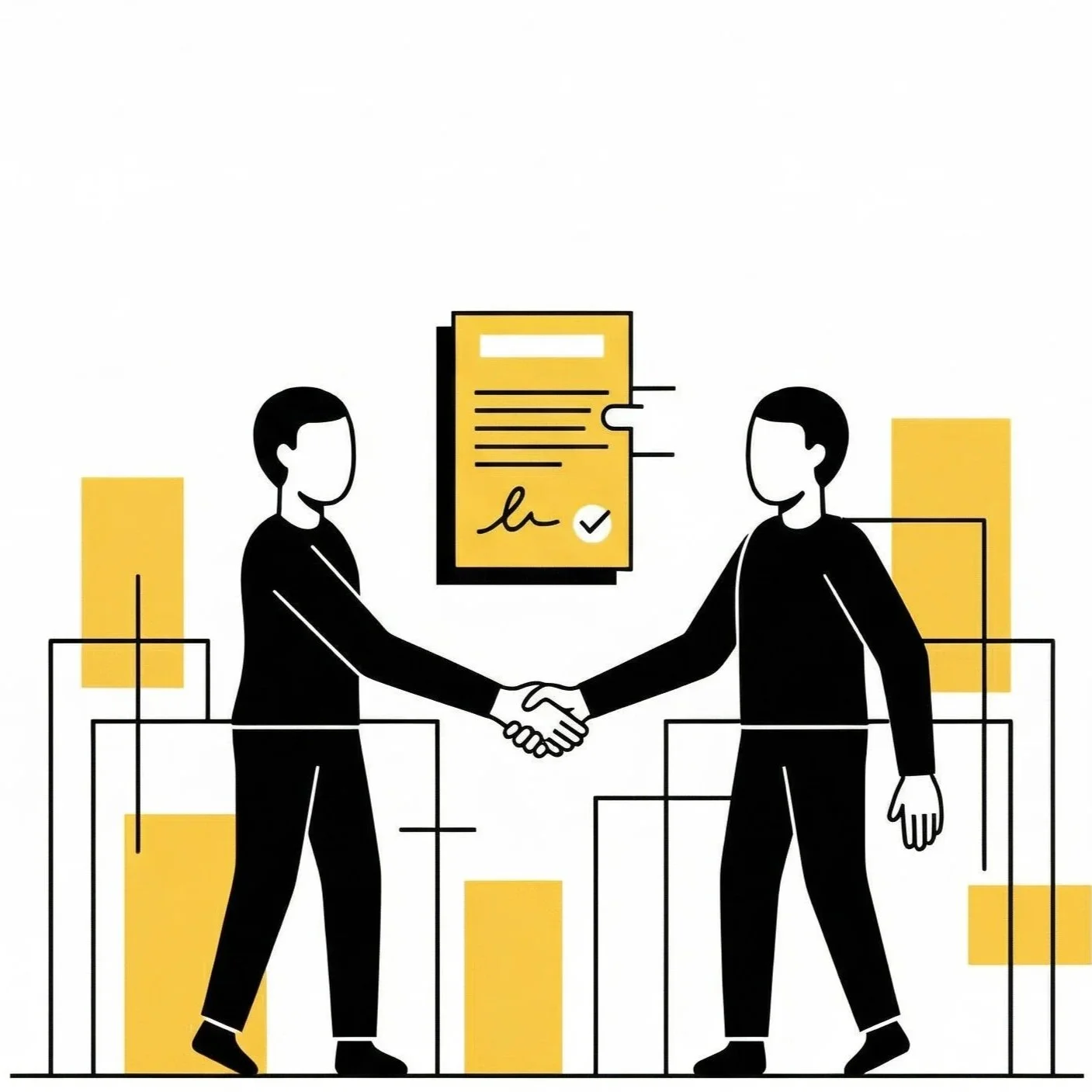 Deux personnes qui se serrent la main lors d'une réunion ou signature officielle, avec un document en arrière-plan. Le style de l'image est minimaliste en noir et jaune.