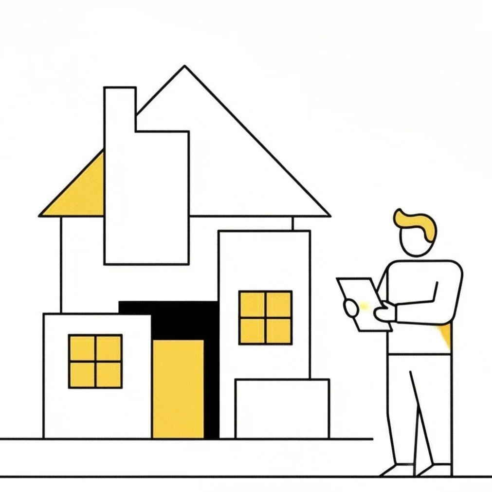 Un dessin minimaliste d'une maison avec différentes formes géométriques, fenêtres jaunes et un homme debout à droite qui regarde une tablette.
