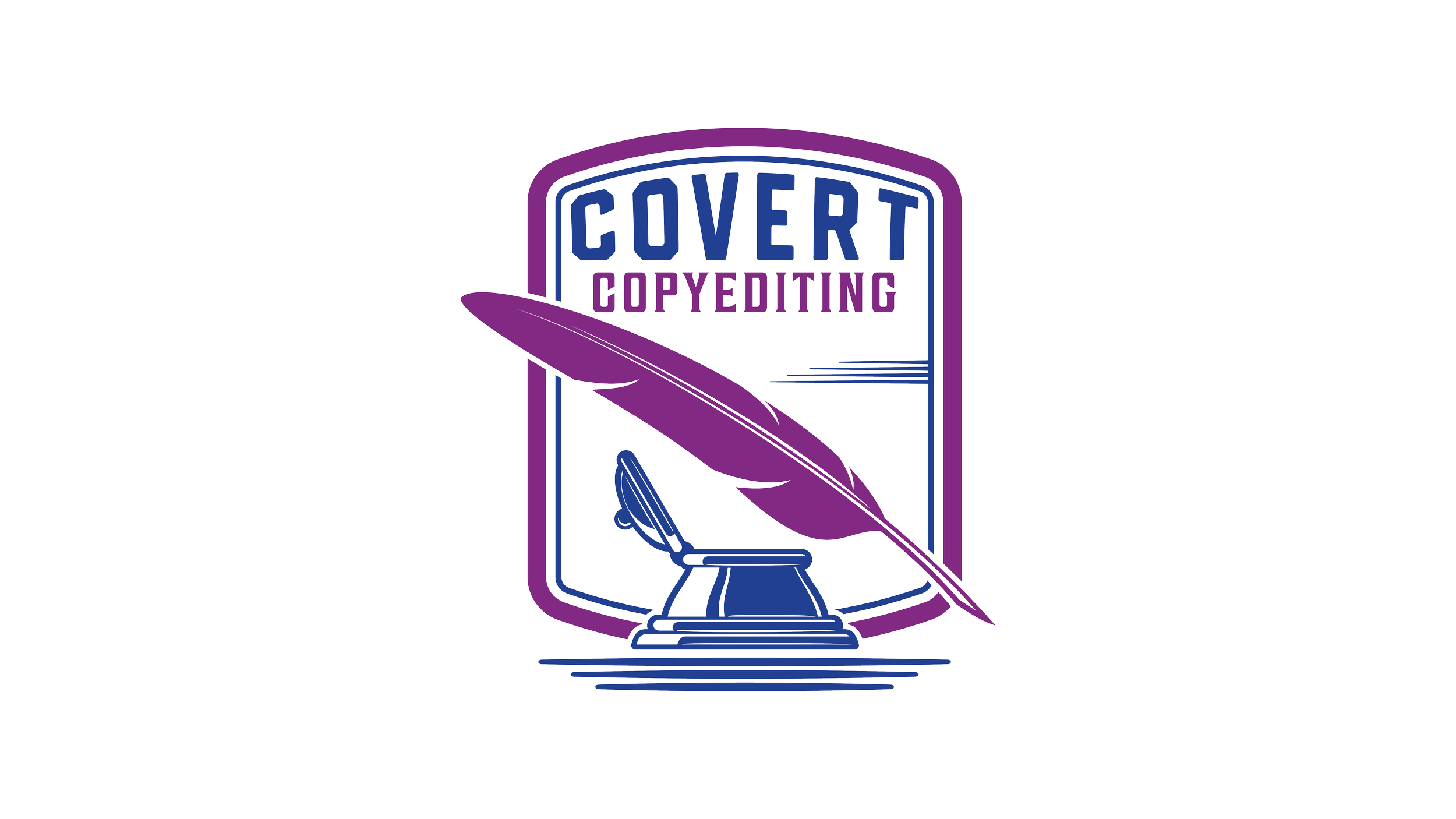 Logo for Covert Copy Editing featuring a purple quill pen resting on a blue ink bottle, with a purple and blue border.