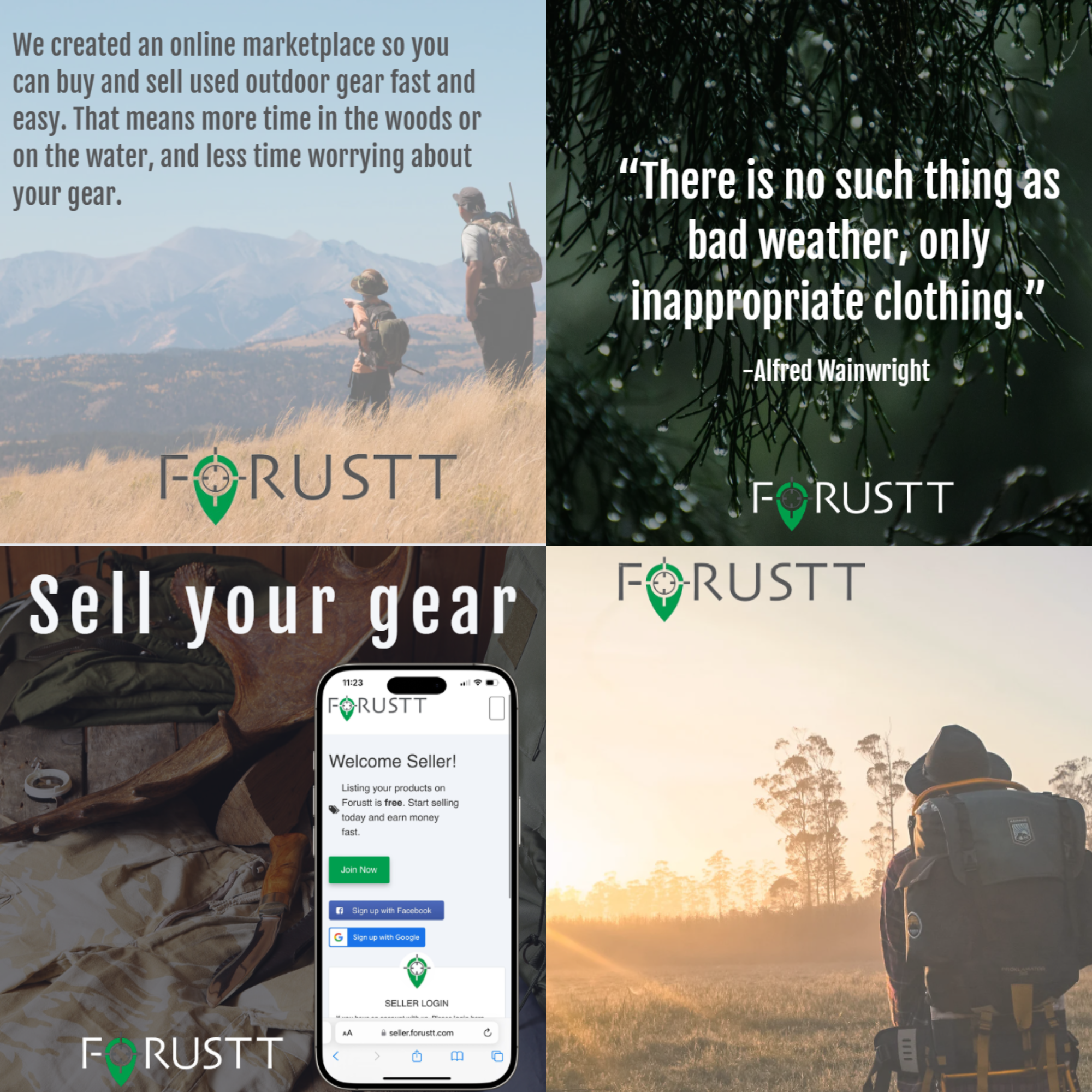 A collage of four images promoting the FORTUST outdoor gear marketplace. Top left shows two hikers walking in a field with mountains in the background. Top right has a quote about weather and clothing over a green foliage background. Bottom left displays a smartphone with the FORTUST seller login page, surrounded by outdoor gear. Bottom right features a hiker with a backpack walking at sunset in a forested area.