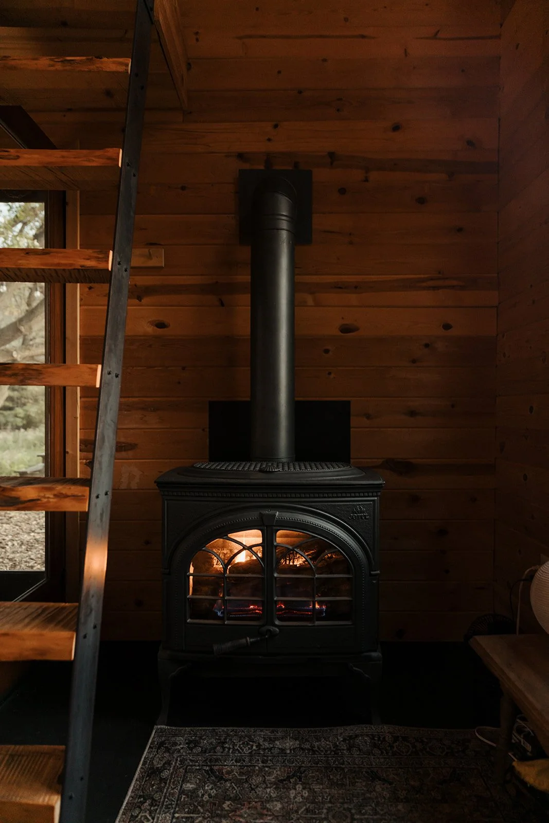 A cozy indoor scene with a black wood-burning stove against a wood-paneled wall, a ladder on the left, a chair on the right, and a patterned rug on the floor.