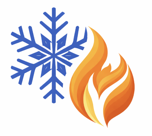 A blue snowflake and an orange flame, representing winter and heat.