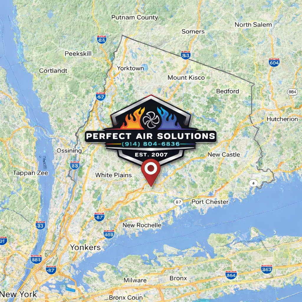 Map of the New York area with a logo for Perfect Air Solutions centered on it, featuring a flame and fan icon, phone number (914) 804-6836, established 2007, and location marker.