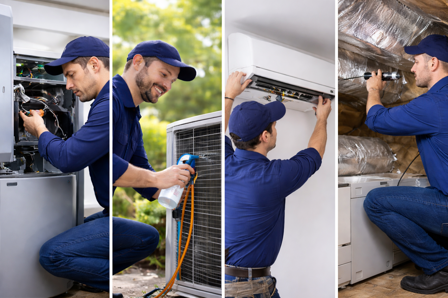 Composite of four images showing a technician repairing appliances: working on an air conditioner, cleaning an outdoor air conditioning unit, inspecting a wall-mounted air conditioning unit, and fixing a furnace or heating system.
