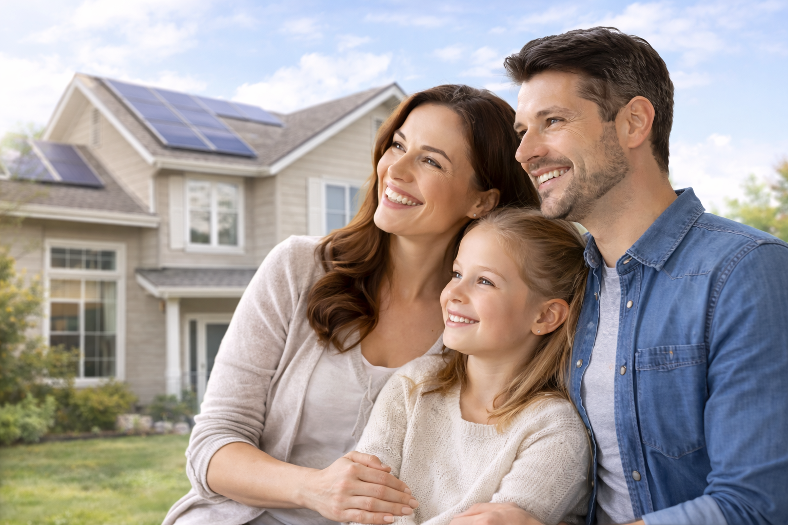 A happy family of three, a man, a woman, and a girl, sitting outdoors in front of a house with solar panels on the roof, smiling and enjoying the sunny day.