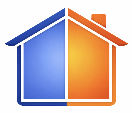 A stylized house split into two halves, with blue on the left and orange on the right, representing home and real estate themes.
