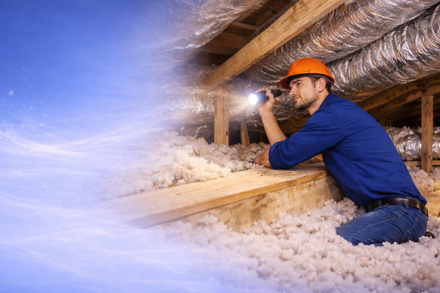 A man in a blue shirt and orange safety helmet kneels in an attic, holding a flashlight, inspecting insulation on the floor and ceiling.