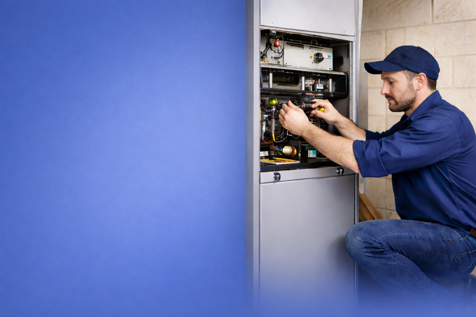 Technician repairing or maintaining an HVAC or electrical cabinet, wearing a blue uniform and cap, kneeling beside the open metal panel in a room with beige tiled wall.