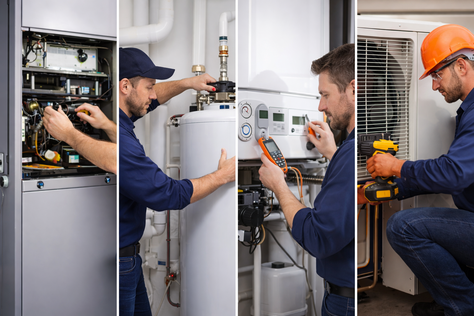 Four technicians working on different HVAC systems, using tools and multimeters for maintenance and repairs.