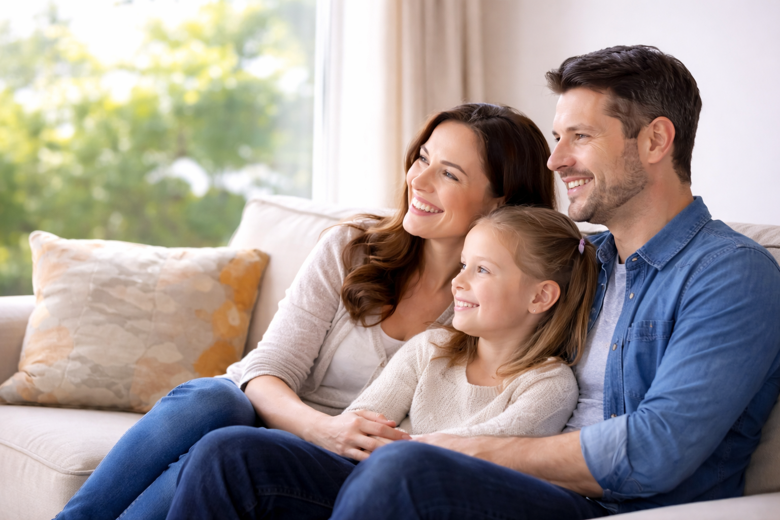 A happy family of three sitting on a beige couch inside a home, smiling and looking off-camera with a large window and greenery outside behind them.