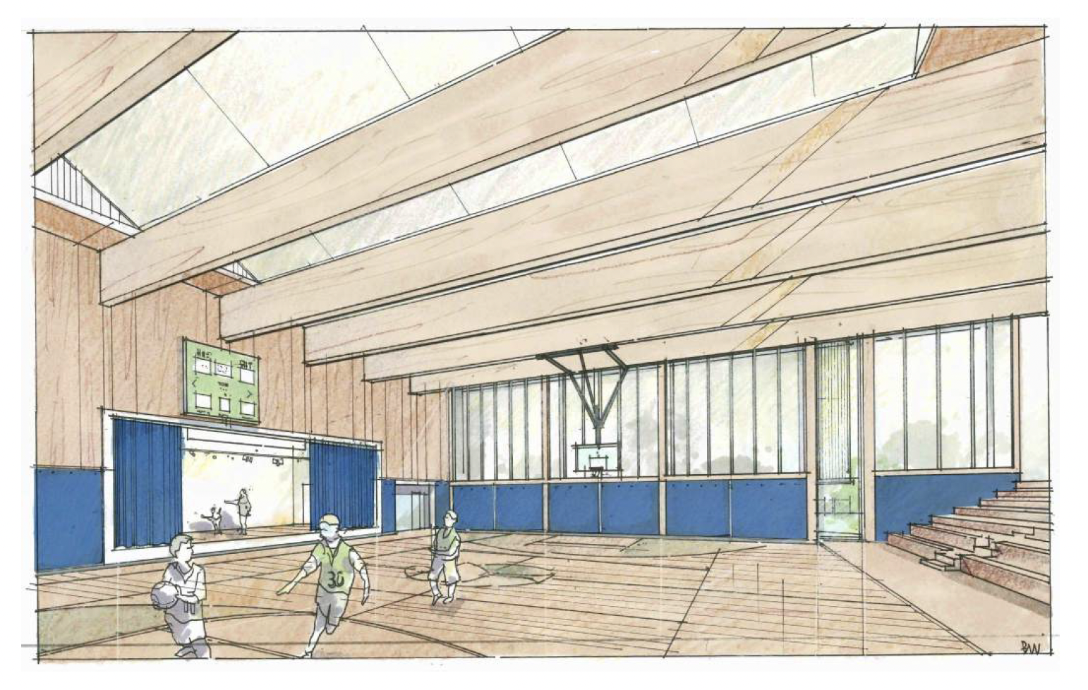 A colorful architectural sketch of a gymnasium with a basketball court, stage, and tiered seating, featuring large windows, wooden beams, and a high ceiling.