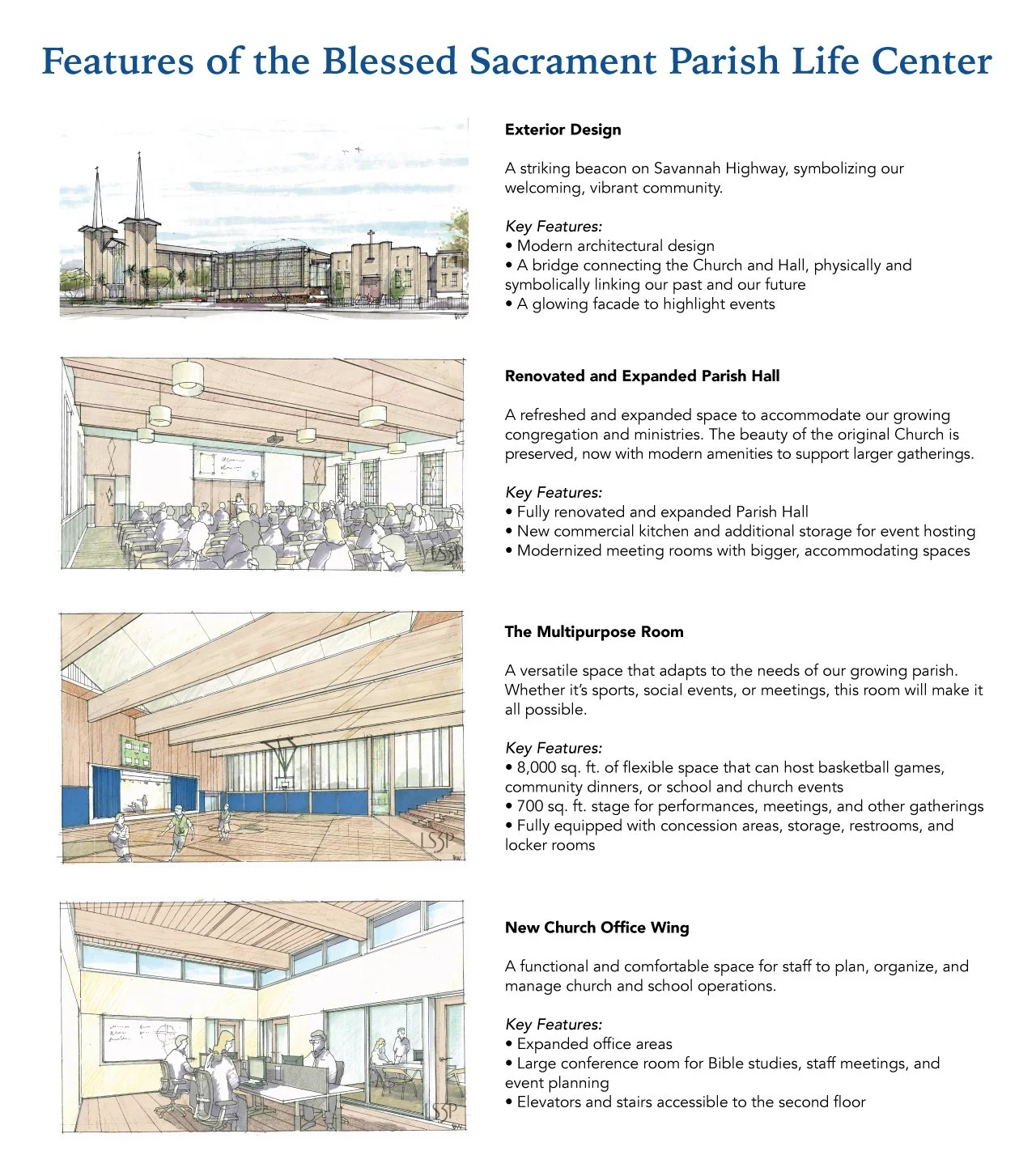 Informational flyer with illustrations and text describing the features of the Blessed Sacrament Parish Life Center, including exterior design, renovated parish hall, multipurpose room, and new church office wing.