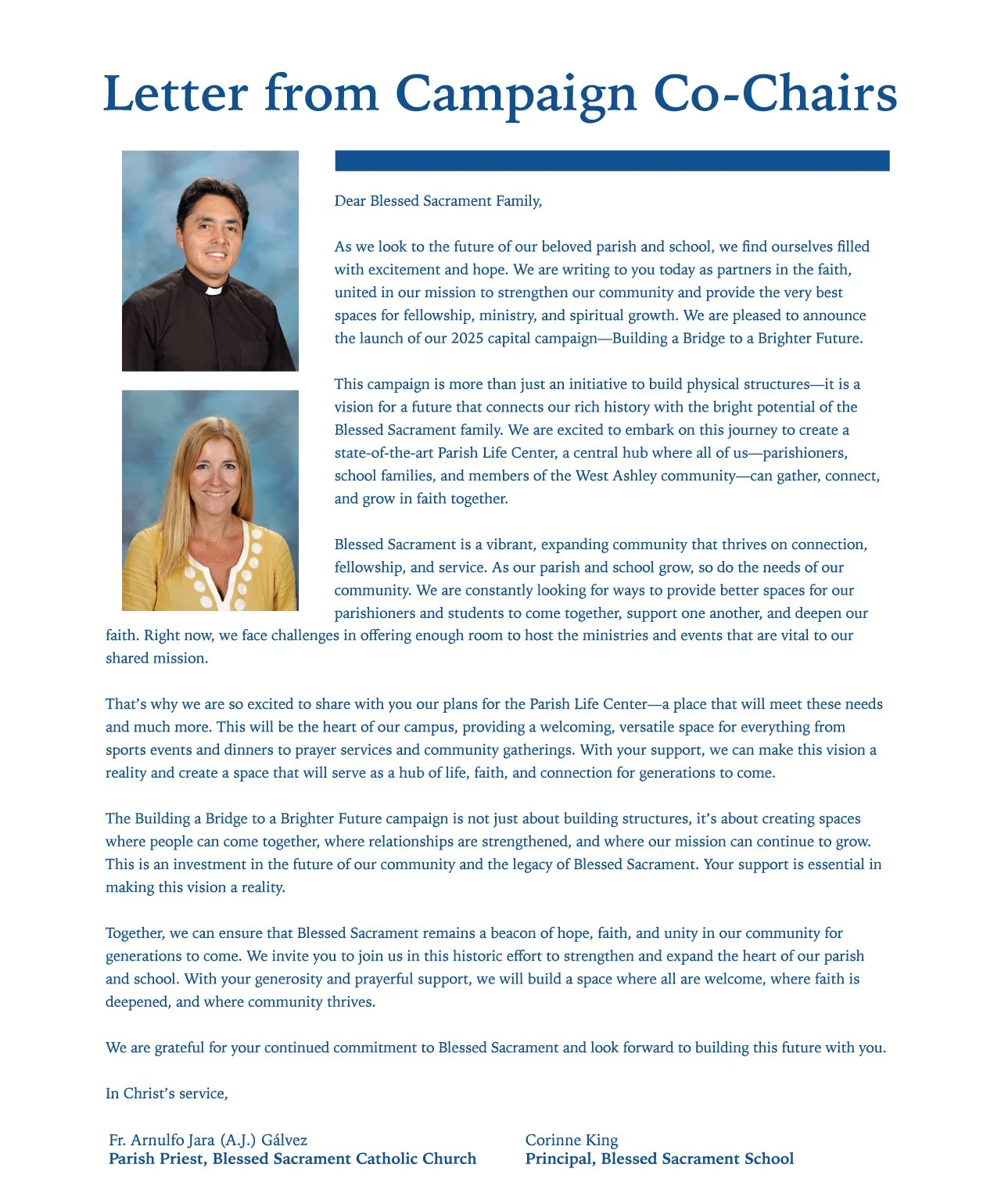 Letter from campaign co-chairs with photos of a man and a woman, addressing the Blessed Sacrament community about the Parish Life Center project and community growth.