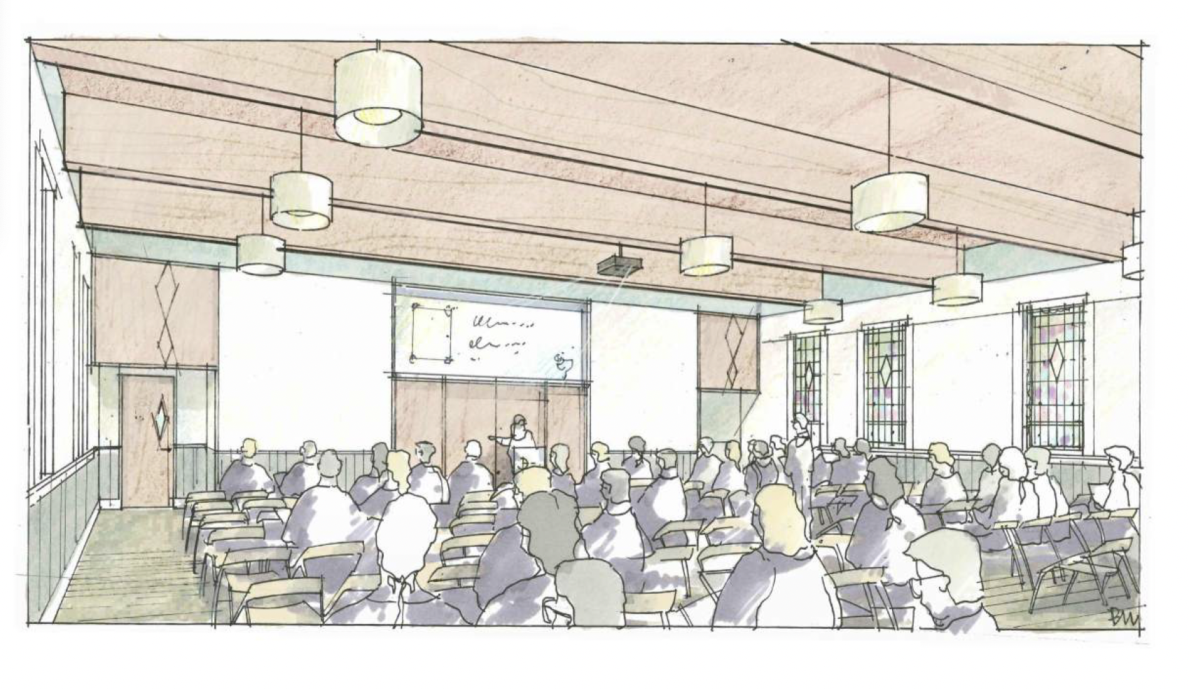 A watercolor sketch of a conference room filled with seated people attending a presentation or lecture, with large windows on the right side, a projection screen at the front, and a speaker standing in front of the audience.