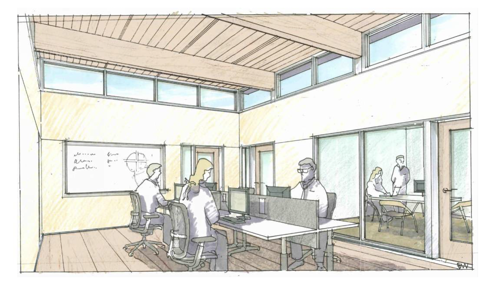 Sketch of a modern office interior with four people working at desks with computers, large windows, high ceiling with wooden beams, and a glass-door conference room visible on the right