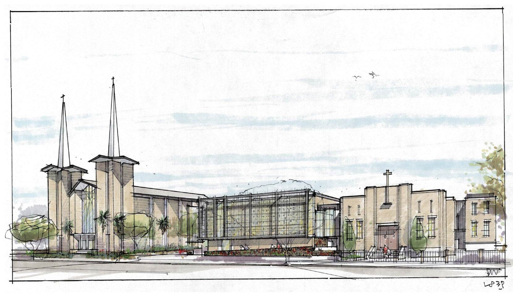 Architectural drawing of a church complex with two tall steeples, a main entrance, trees, and a modern glass building in the center.