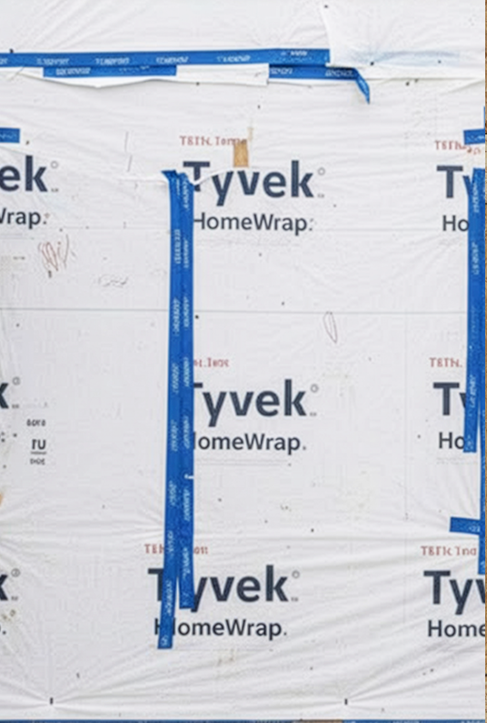Improperly installed Tyvek house wrap showing loose edges and failing seam tape on a residential wall.