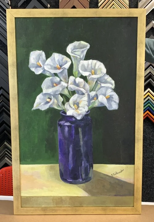 Lilies in Blue Vase framed by Carriage House Picture Framing