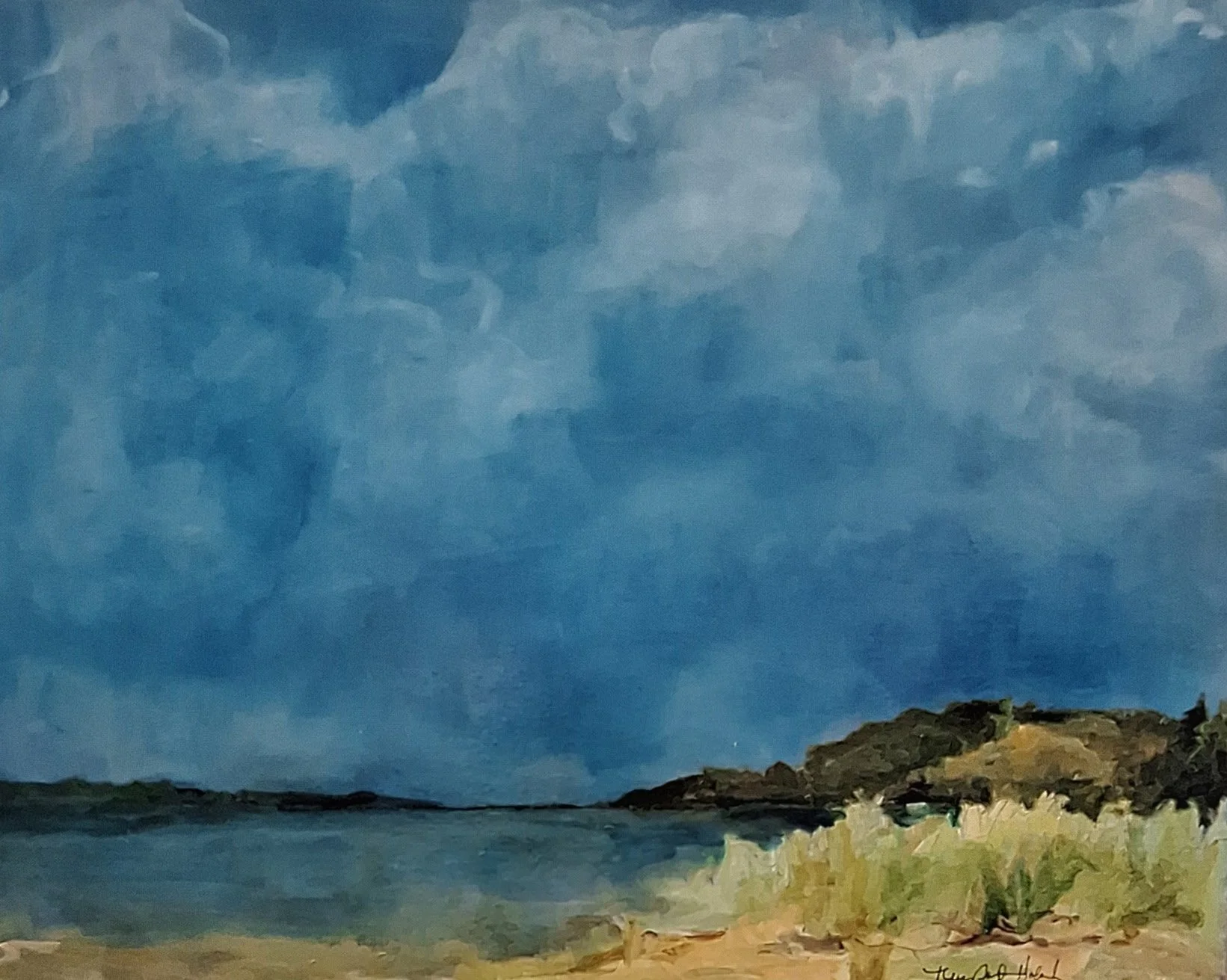 A painting of a beach with a sandy foreground, green bushes on the right, calm water in the middle, and a cloudy blue sky overhead.