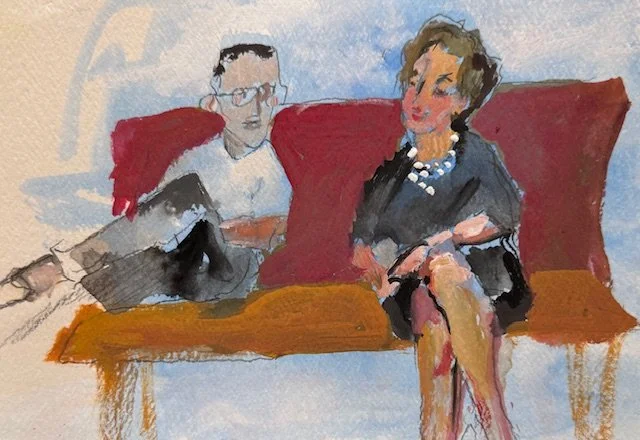 Watercolor painting of two women sitting on a red sofa, one wearing glasses and the other with a pearl necklace, in an indoor setting.