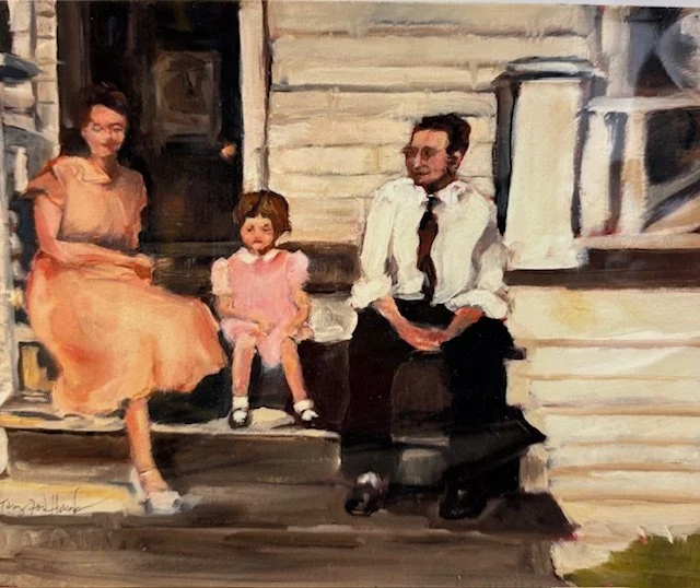Painting of a family sitting on the steps outside a house, including a woman in a peach dress, a young girl in pink, and a man in a white shirt and tie.