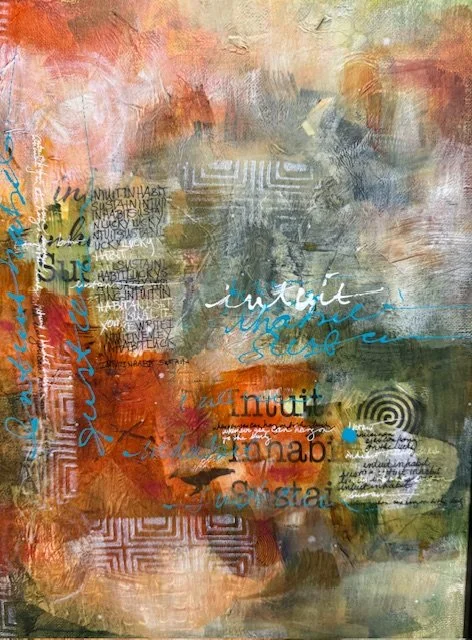 Abstract art painting with various colors including orange, green, blue, and gray. Text phrases like 'influence,' 'truth,' and 'unknown' are overlaid in different styles and colors, with some geometric patterns and scribbles.