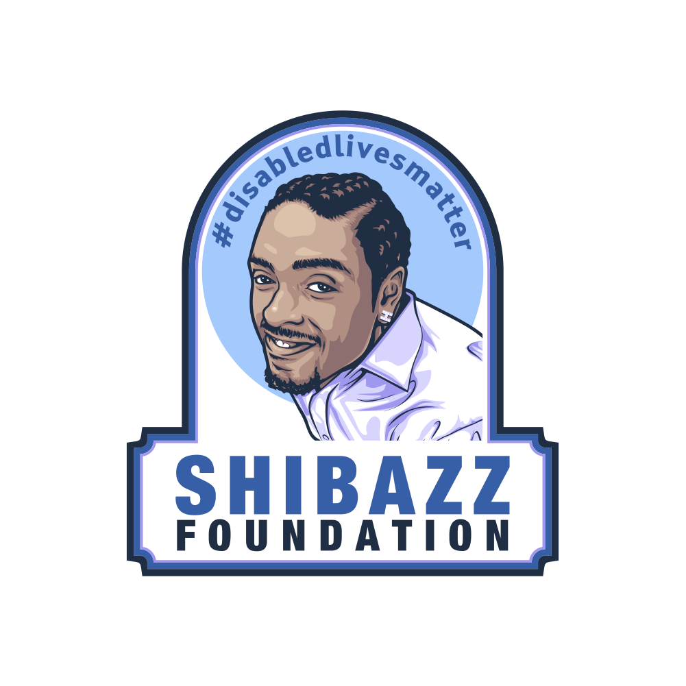 Logo featuring a smiling man's face with dreadlocks, text '#disabledlivesmatter', and the words 'SHIBAZZ FOUNDATION'