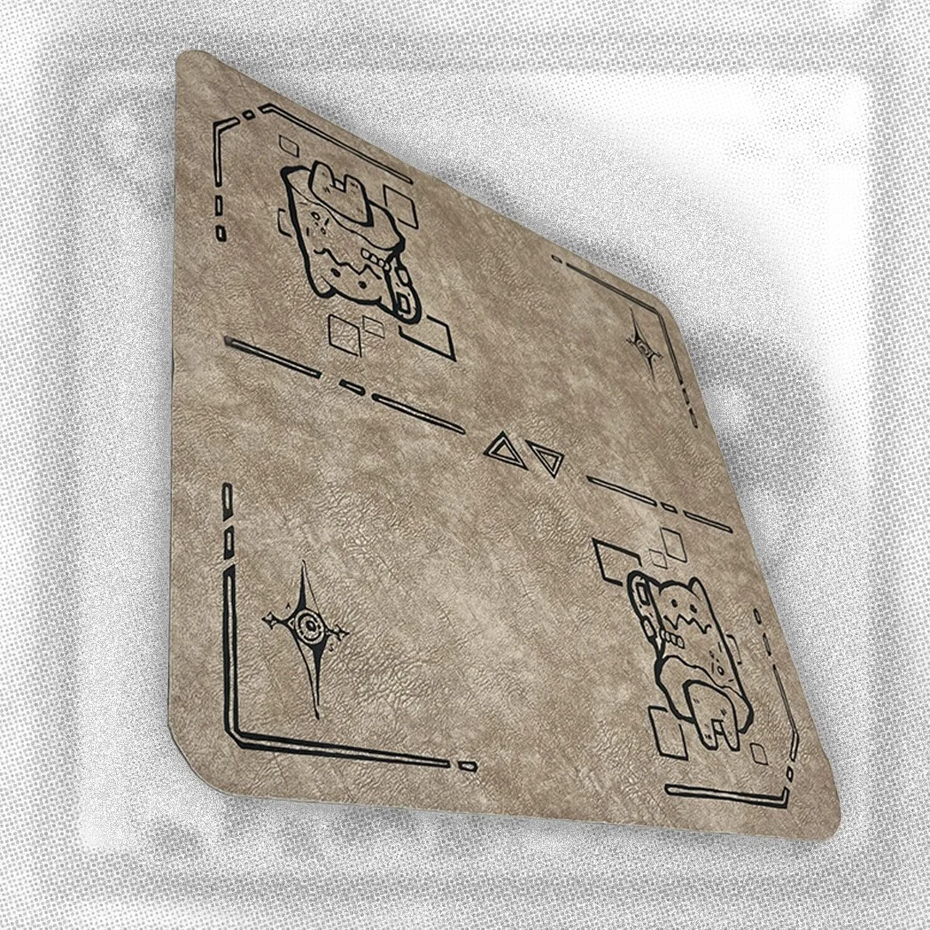 A beige TCG playmat black outlined designs, including Yummy characters from Yu-Gi-Oh, surrounded by geometric shapes and star-like symbols.