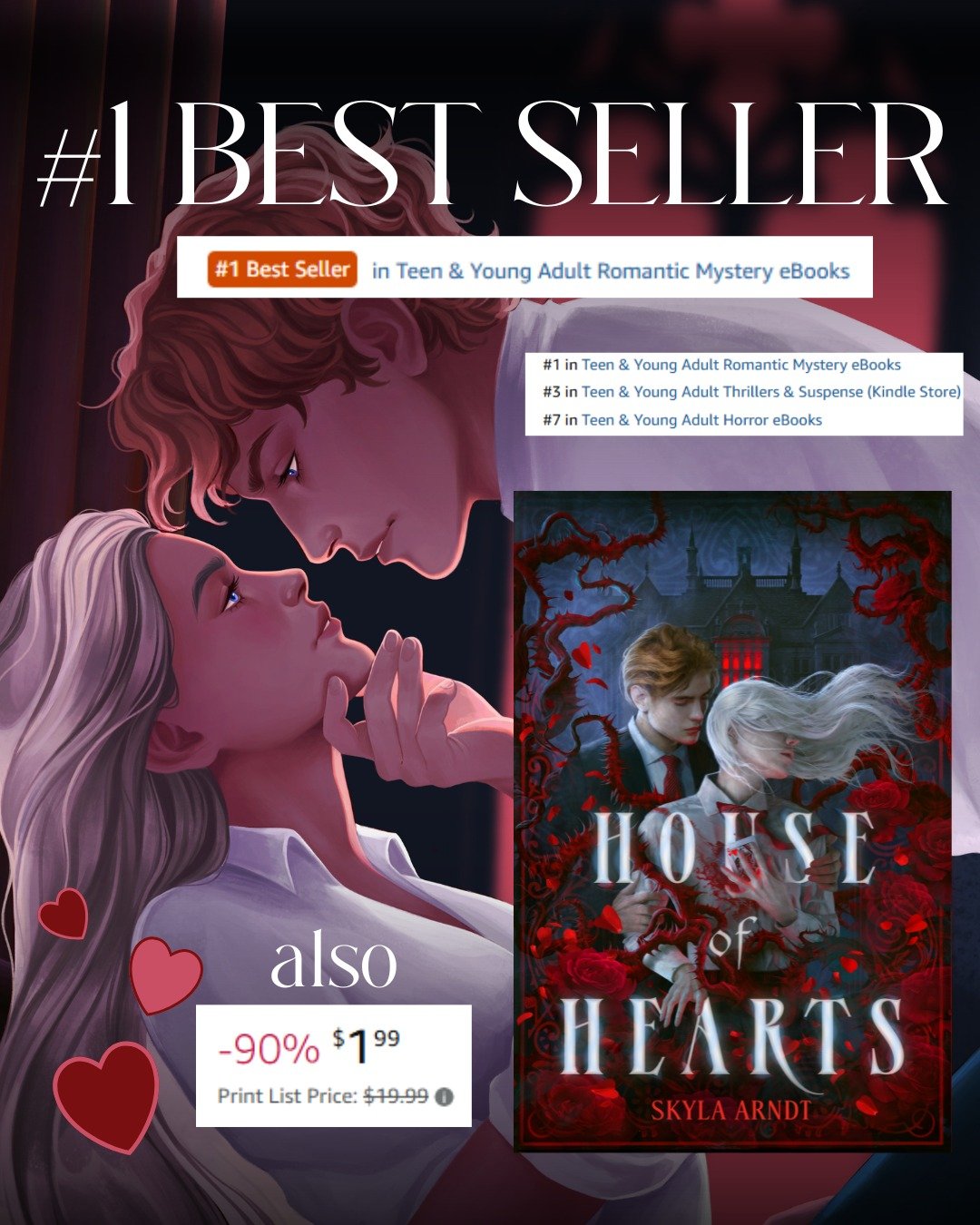 HOH HAS AN ORANGE BANNER!! always a shock to see!! thank you so much @madisonrupp for letting me know because I legitimately had no idea. I'm so honored that House of Hearts is the #1 bestselling ebook for YA Romantic Mysteries and #3 for YA Thriller