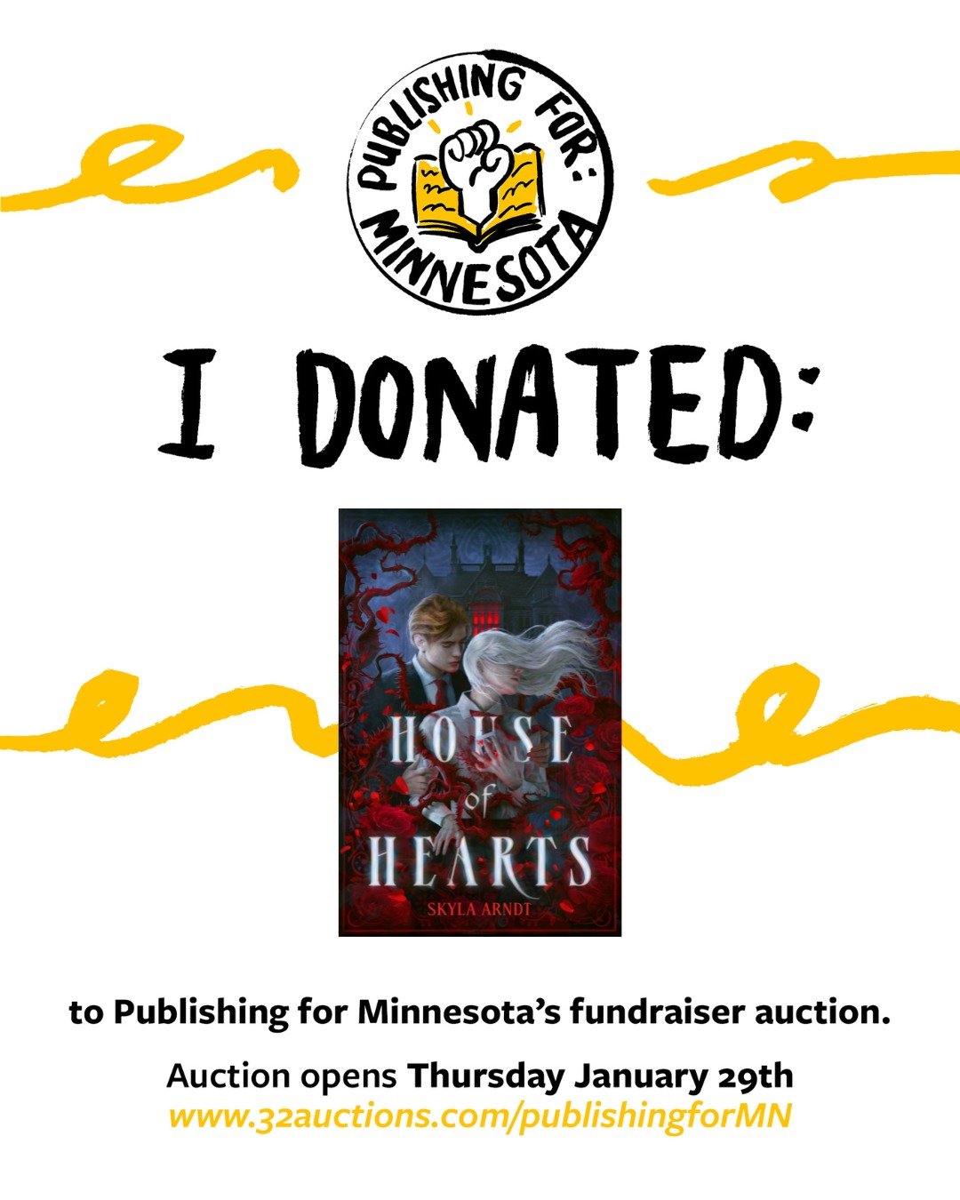 ICE OUT OF MINNESOTA!!!!!!!!!!!!! 

I've donated a signed copy of House of Hearts to the auction-- it's one of the more than 500 amazing books/critiques/etc. up for grabs! I am so proud of the writing community and @publishingforminnesota for making 