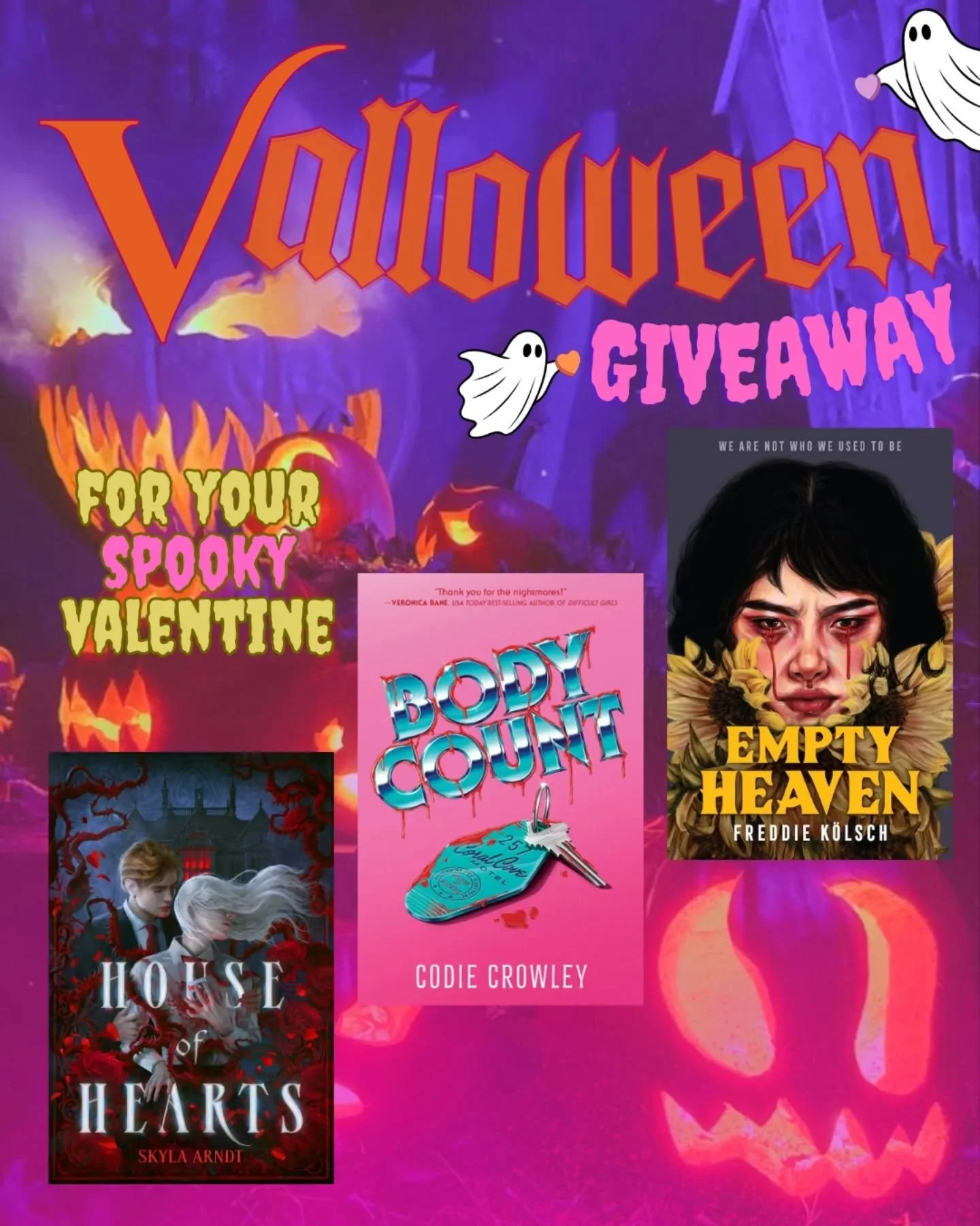VALLOWEEN GIVEAWAY ❤️🦇👻

To celebrate all things spooky and swoony, we're giving away three different books to one lucky reader!

To enter:

-Follow all authors below

-Like this post 

-Tag a friend in the comments (one per entry!)

Grand prize:

