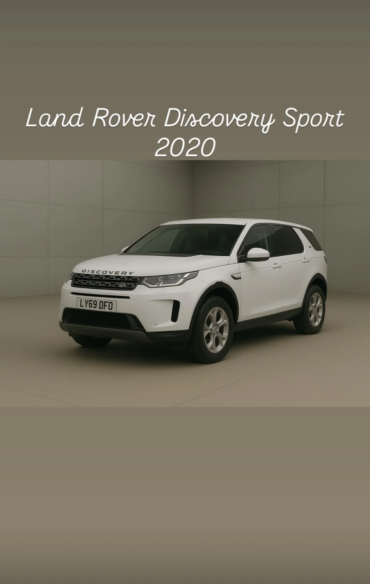 White Land Rover Discovery Sport 2020 in a plain indoor setting with text overlay