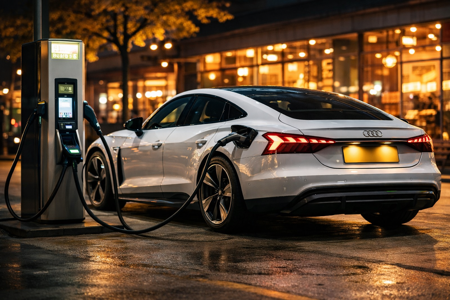 Electric PCO vehicle charging at a public charging station in London