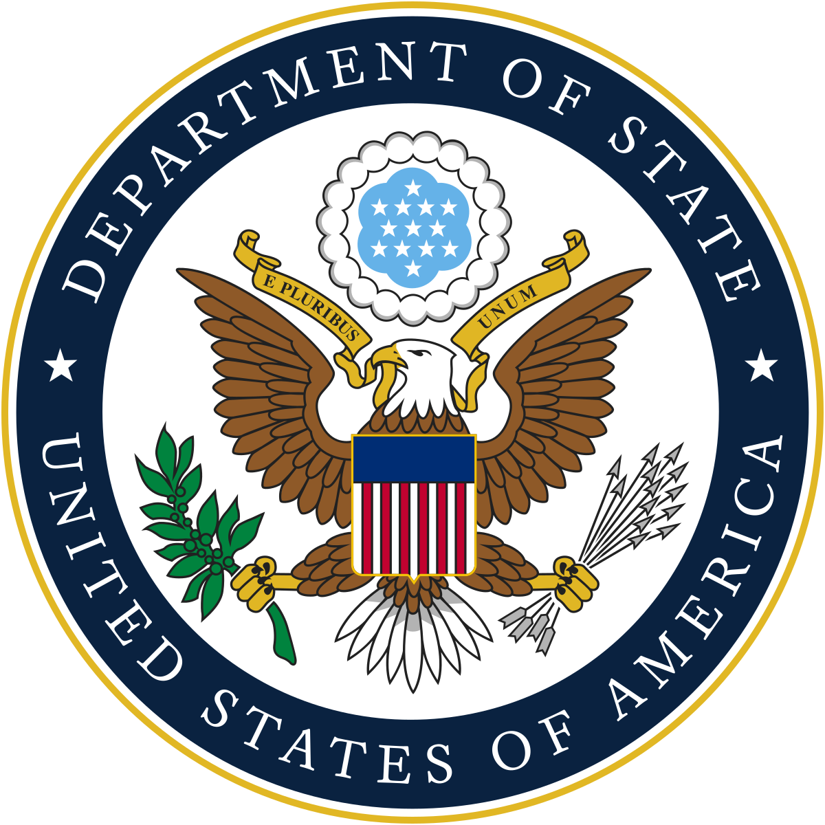 Seal of the United States Department of State featuring an eagle with a shield, olive branch, arrows, stars, and a blue and gold border with text.