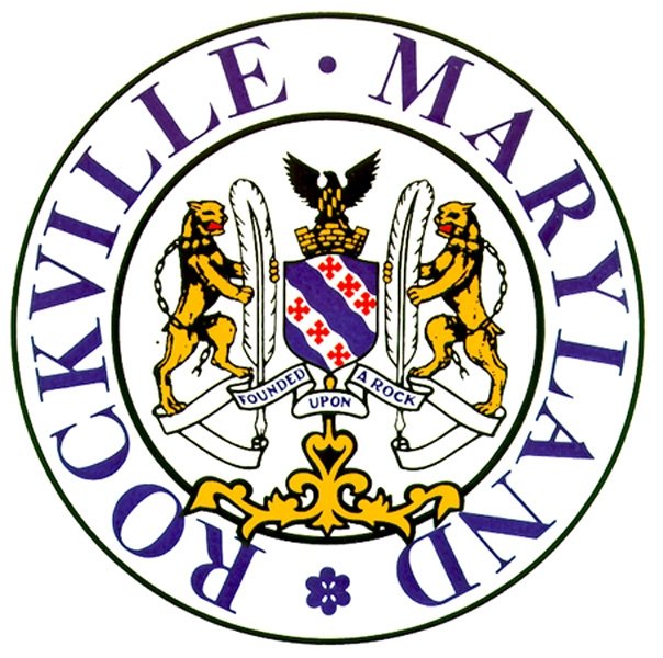 Rockville Maryland logo with two lions, a shield, and an eagle crest in the center, encircled by the words 'Rockville Maryland.'