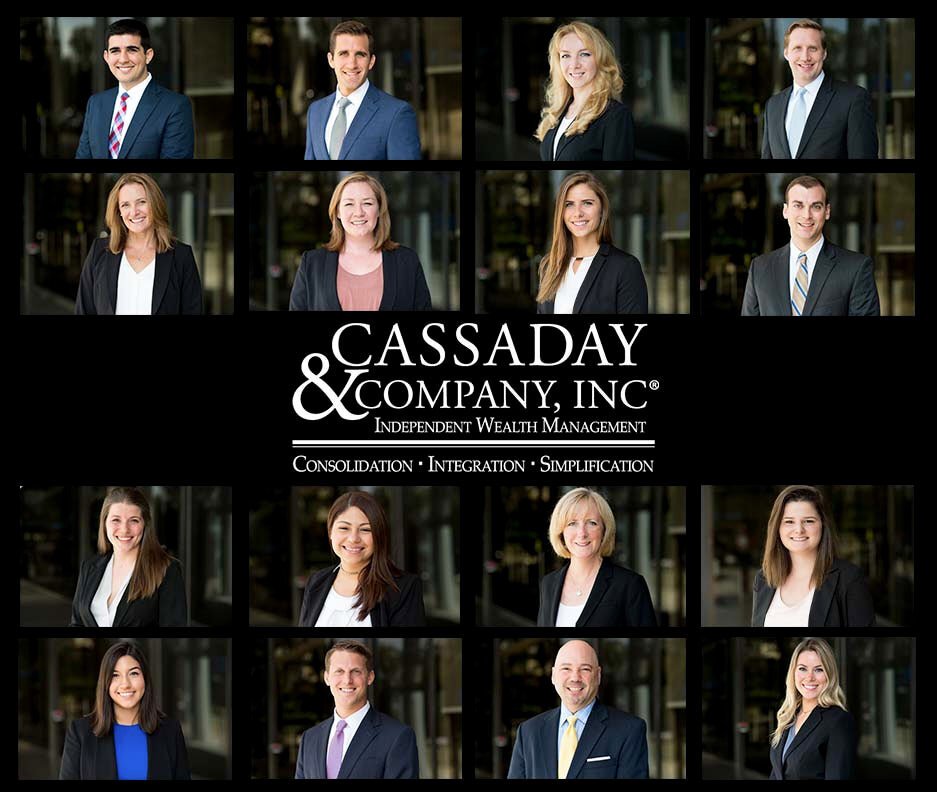 Collage of 15 business professionals from Cassaday & Company, Inc. in formal attire, split into three rows with the company logo in the middle.