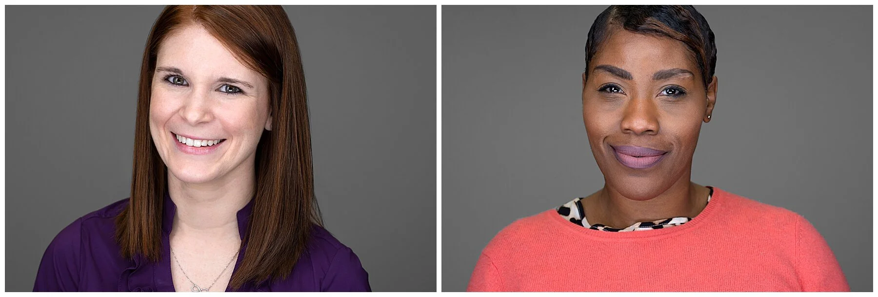 Two women smiling in professional headshots against a gray background. One woman has long brown hair and is wearing a purple top. The other woman has short hair and is wearing a coral top.