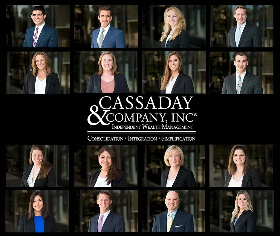 Collage with portraits of financial advisors from Cassaday & Company, Inc., labeled 'Independent Wealth Management' and 'Consolidation Integration Simplification'.