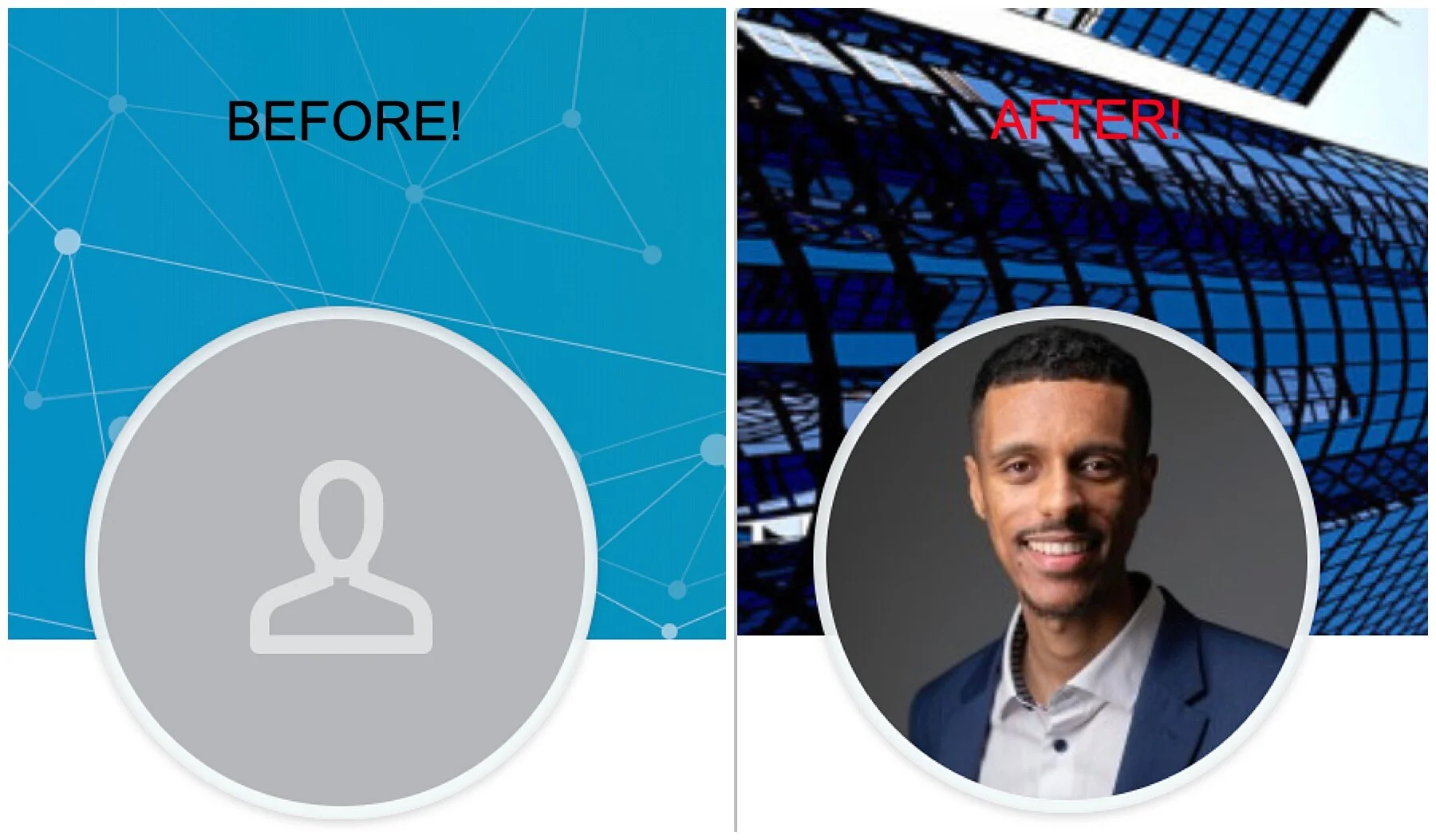 Comparison image showing a placeholder silhouette labeled 'Before' and a portrait of a smiling person in a suit labeled 'After.'